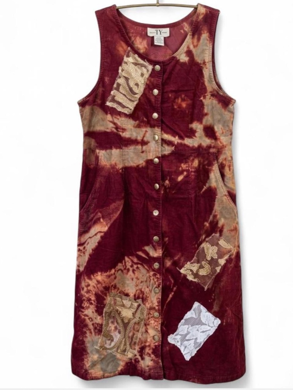 Vintage Original TY Wear 10P Burgundy Tie Dye Corduroy Button Midi Dress